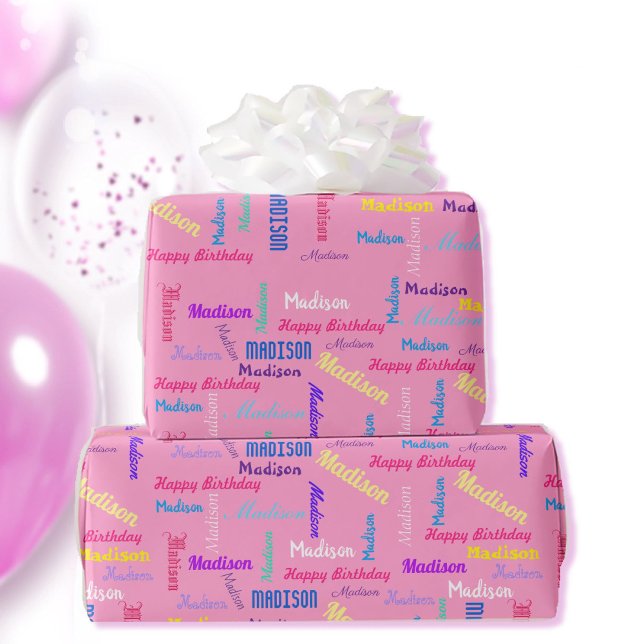 Wiederholter NAME Happy Birthday Girl's Pink Geschenkpapier (Von Creator hochgeladen)