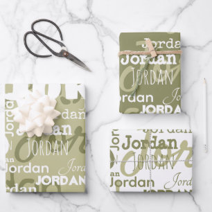 Wiederholter Name Muster Sage Green White Modern Geschenkpapier Set