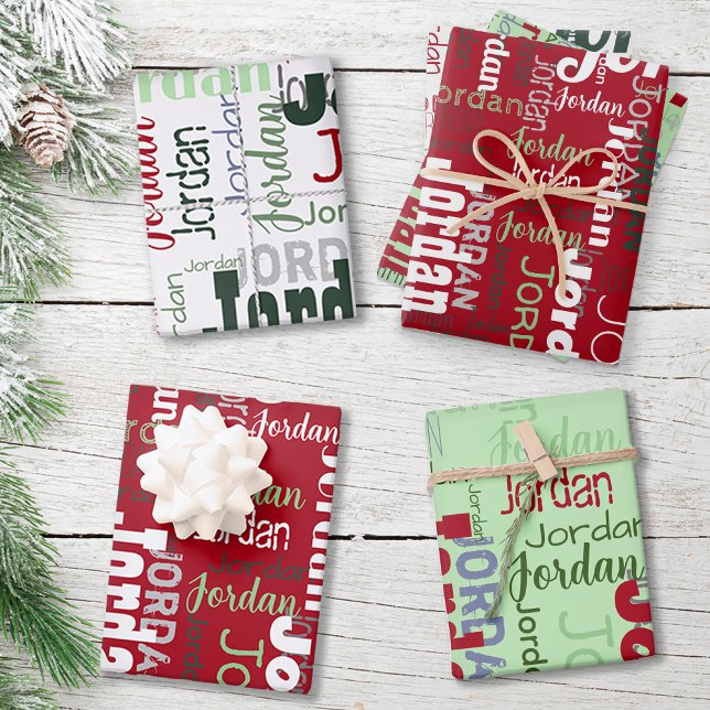 Wiederholter Name Red Green White Weihnachten Geschenkpapier Set (Von Creator hochgeladen)