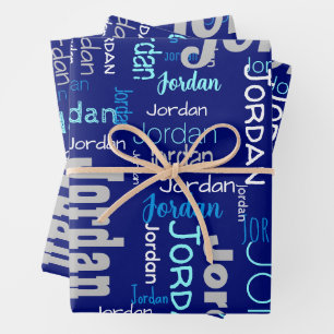 Wiederholter Name Shades of Blue & Silver Christma Geschenkpapier Set