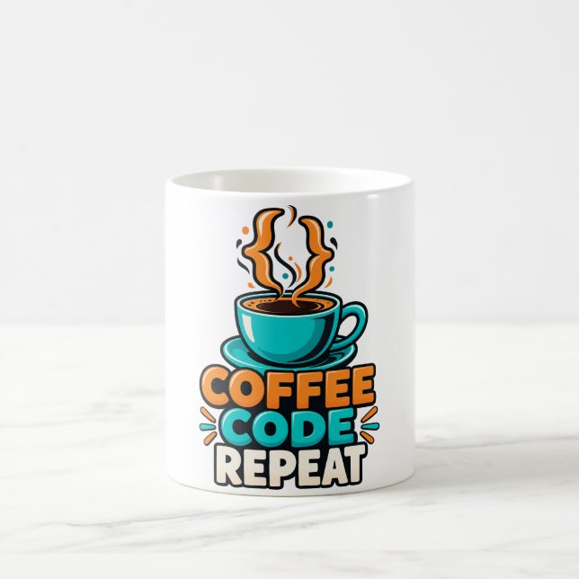 Wiederholter Programmiererhumor mit Kaffee und Cod Kaffeetasse (Mittel)