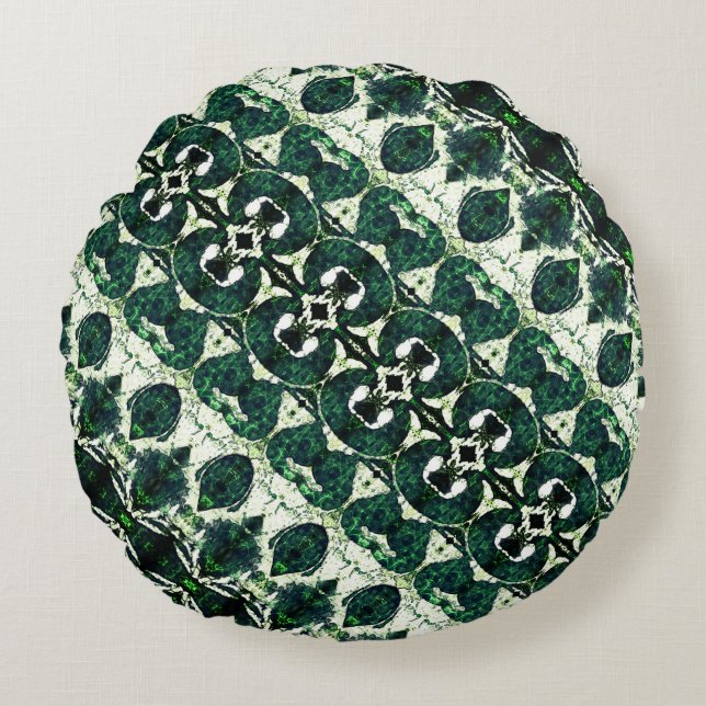 Wiederholtes raues Smaragdgrün unter weißer Textur Rundes Kissen (Vorderseite)