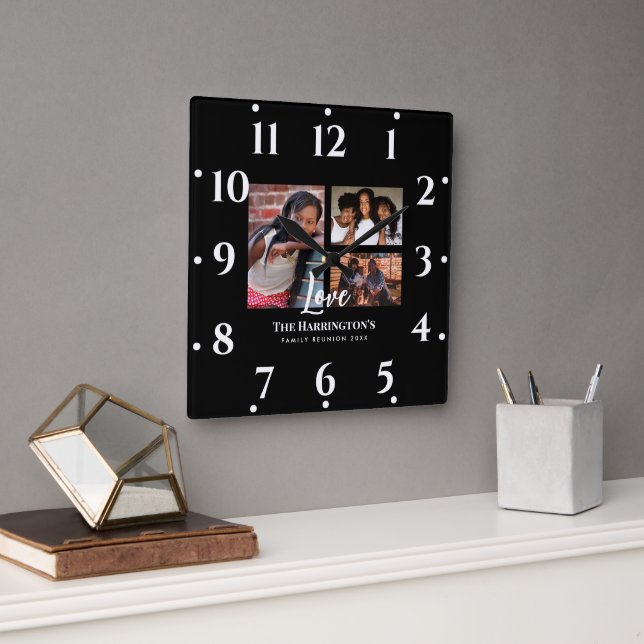 Wiedersehen 3-Sektion Foto Collage Black Frame Quadratische Wanduhr (Büro)