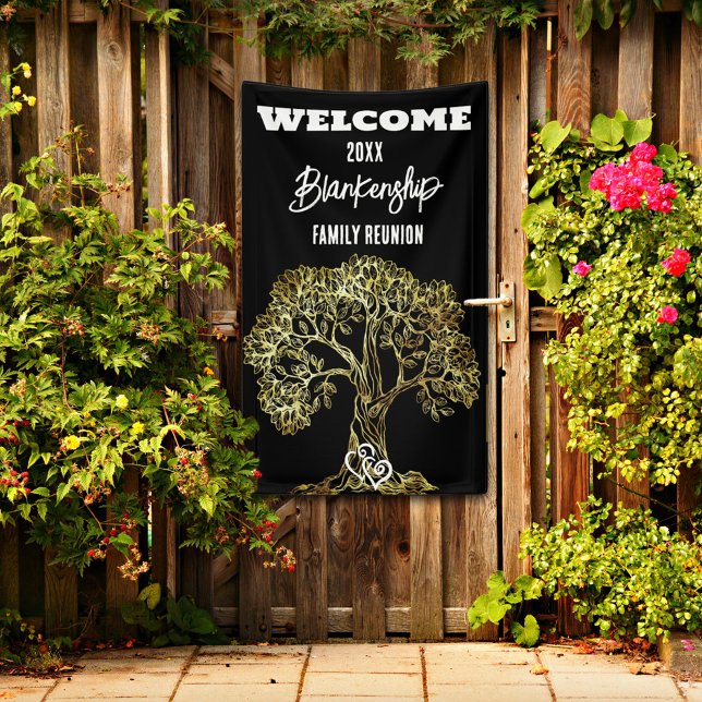 Wiedersehen Alte Goldene Treppe Banner (Welcome family on a vertical format reunion banner with a rustic tree on black with white text.
)