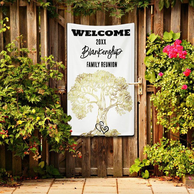 Wiedersehen Alte Goldene Treppe Banner (Welcome family with a vertical format reunion banner with rustic gold tree on a white background.
)
