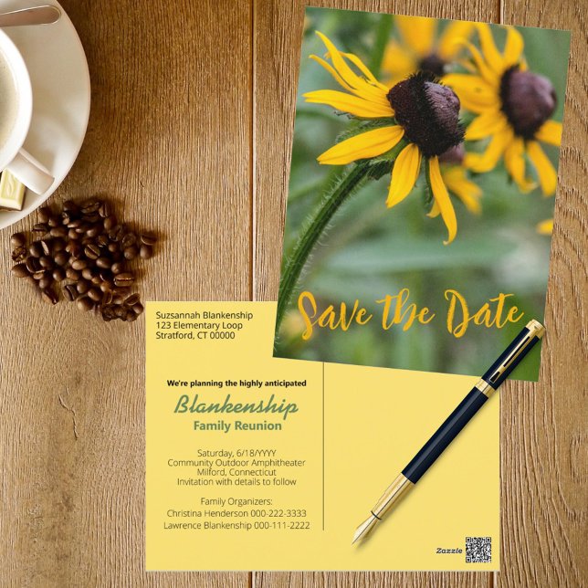 Wiedersehen-austauschbares Foto Rudbekia Blume Postkarte (This floral photo family reunion designed SAVE THE DATE announcement also serves as an invitation. )