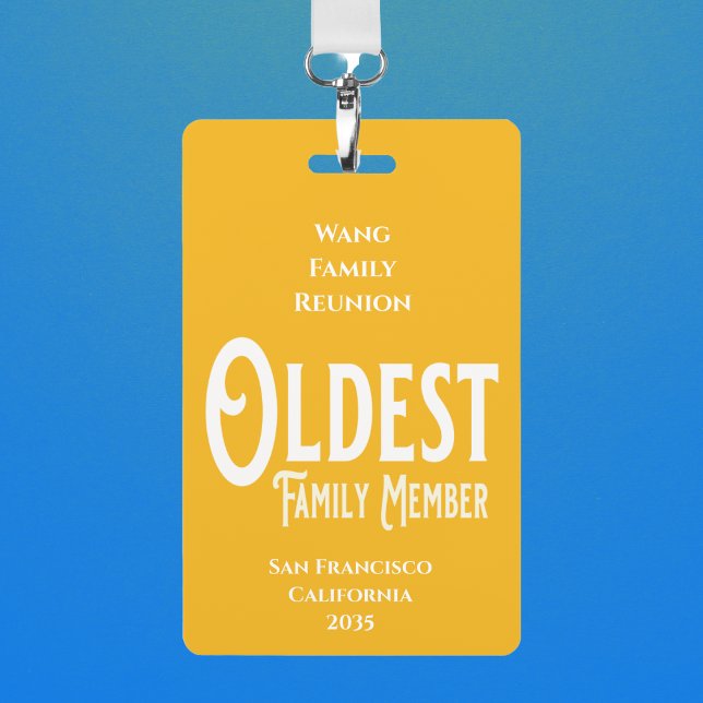 Wiedersehen Award für älteste Familienmitglieder Ausweis (Family Reunion badge of honor given to the oldest family member. Prize or award for family gathering)