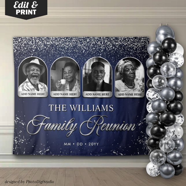 Wiedersehen-Banner der benutzerdefinierten Familie Wandteppich (Custom Family Reunion Banner, 7 Photo Blue Silver Tapestry)