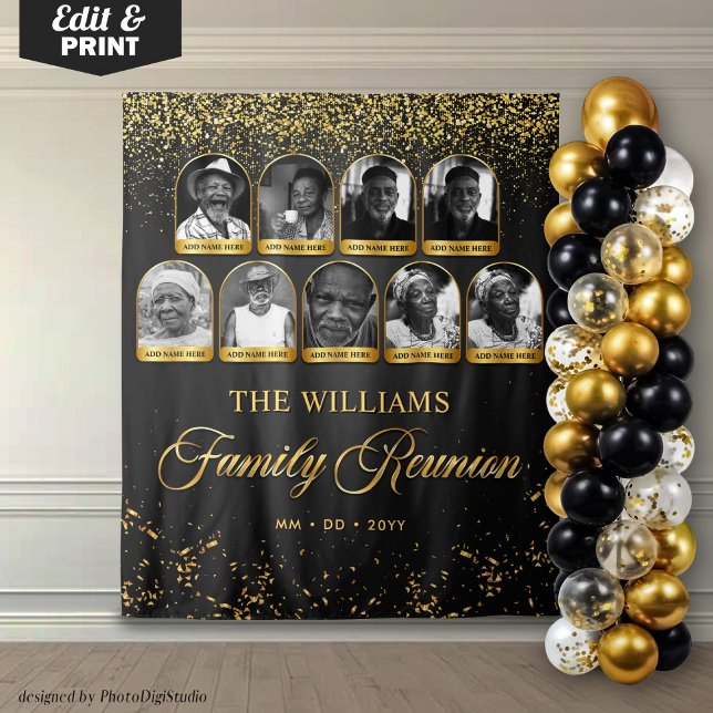 Wiedersehen-Banner der benutzerdefinierten Familie Wandteppich (Custom Family Reunion Banner, 9 Photo Black Gold Tapestry)
