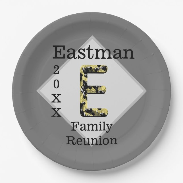 Wiedersehen Black und Gold Letter E Monogram Pappteller (Vorderseite)