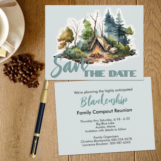 Wiedersehen Celebration Watercolor Zelt Ankündigun Ankündigungspostkarte (This easy to personalize family reunion save the date announcement also serves as the invitation. )
