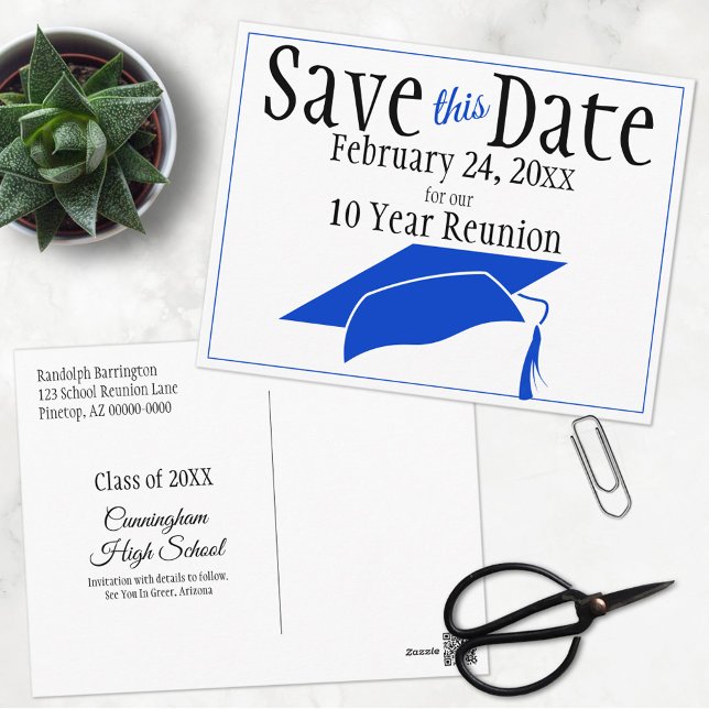 Wiedersehen Class Save the Date Blue Graduation Ca Postkarte (Von Creator hochgeladen)