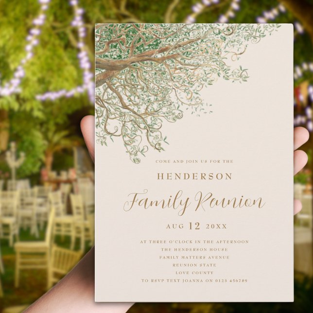Wiedersehen der Aquarellbaum-Familie Einladung (Watercolor tree branches family reunion invitation Brown beige green modern script summer party)