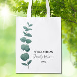 Wiedersehen der Eucalyptus-Familie Wiederverwendbare Einkaufstasche<br><div class="desc">Diese Wiedersehen-wiederverwendbare Lebensmitteltasche ist mit eleganter Typografie und einem stilvollen Aquarell-Eukalyptussprig dekoriert. Einfach anpassbar. Ändern Sie mithilfe des Entwurfstools die Textgröße,  den Stil oder die Farbe. Weil wir unsere Kunstwerke erstellen,  werden Sie dieses exakte Bild von anderen Designern nicht finden. Original Wasserfarbe © Michele Davies.</div>