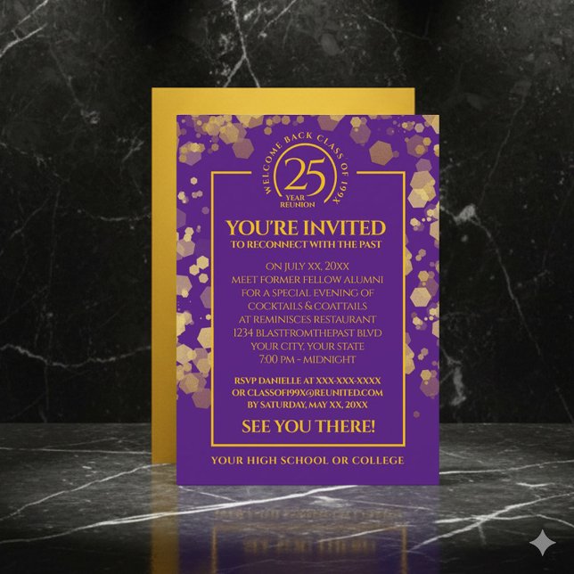 Wiedersehen der lila und Gold School Einladung (Elegant Purple & Gold School Class Reunion Invitation Cover Photo)