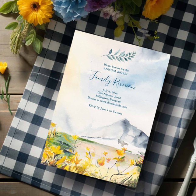 Wiedersehen der Wasserfarbengebirge Einladung (Family reunion invitations watercolor mountain art by Victoria Grigaliunas)