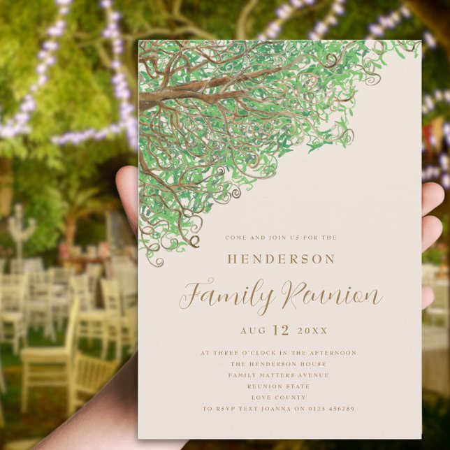Wiedersehen-Einladung zur Aquarellbaum-Familie Einladung (Watercolor tree family reunion invitation beige green brown modern script )