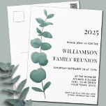 Wiedersehen Einladung zur Eukalyptus-Familie Postk Postkarte<br><div class="desc">Versammelt eure Familie für ihre Wiedersehen mit dieser stilvollen Postkarte. Es verfügt über einen Single Aquarell Eukalyptus Sprig. Weil wir unsere eigenen Kunstwerke erstellen,  werden Sie dieses exakte Bild von anderen Designern nicht finden. Original Wasserfarbe © Michele Davies.</div>