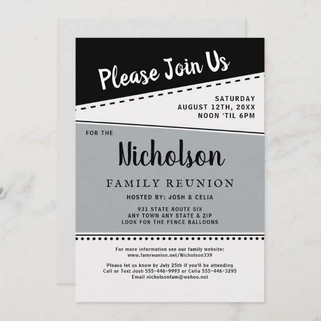 Wiedersehen für geometrische Schwarz-weiß-Grau-Fam Einladung (Vorne/Hinten)