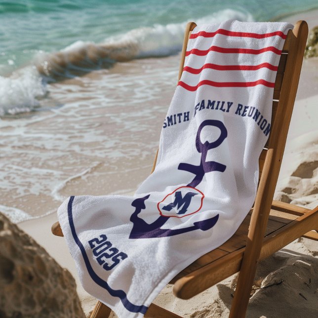 Wiedersehen für Navy und Red Nautical Family Strandtuch (Von Creator hochgeladen)