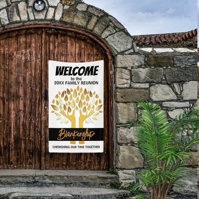 Wiedersehen Golden Hands Tree Blätter für Familien Banner (Welcome family with a modern tree art on white with black text vertical format reunion banner.
)