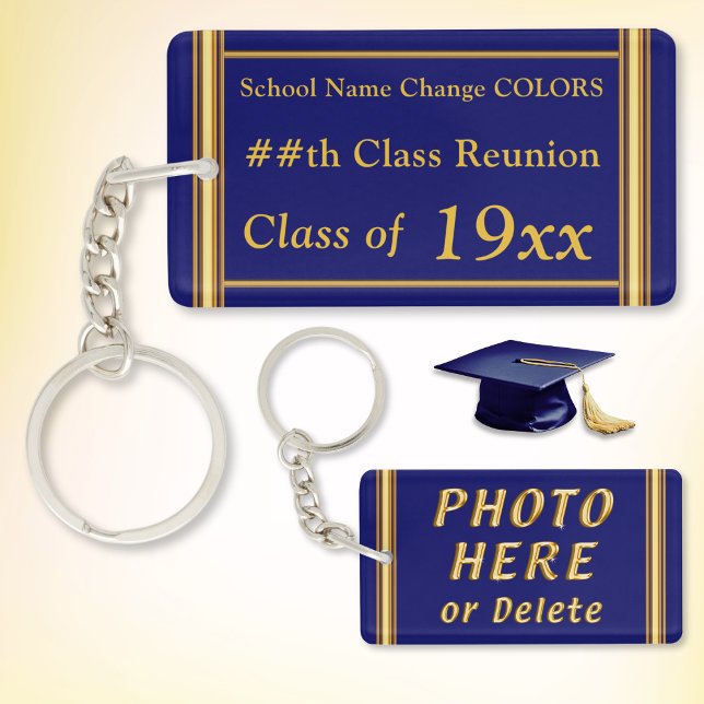 Wiedersehen hält die Idee, jedes Jahr, Farben Schlüsselanhänger (Class reunion keepsake ideas. 55 year class reunion ideas. High school reunion souvenirs. Blue Gold.)