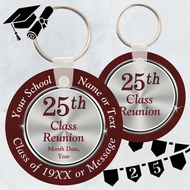 Wiedersehen Ideas der 25. Klasse, 25. Wiedersehen- Schlüsselanhänger (25th Class Reunion Favors. Maroon Burgundy and Silver Gray, Class Reunion Keychains.)