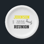 Wiedersehen Moderne Party-Papierplatte Pappteller<br><div class="desc">Dies ist ein cooles, modernes, personalisiertes, familiäres Wiedersehen-Typografie-Design. Es ist im Trend minimal, schwarz und weiß, mit gelben und stilvollen Skripttypografie. Es hat Platz für Sie, um Ihren Familiennamen, das Jahr des Wiedersehen-Party / Treffen und Ort hinzuzufügen. Dieses moderne Typografie-Design ist perfekt für Ihre lustige Familienfeier, Wiedersehen, Ansammlung oder Party....</div>