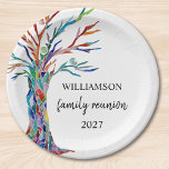 Wiedersehen-Papierplatte der Familie Tree Pappteller<br><div class="desc">Die Teller sind mit einem Mosaikbaum in den Farben des Regenbogens geschmückt. Personalisieren Sie sie mit Ihrem Familiennamen. Verwenden Sie die Option Weitere anpassen, um die Textgröße, den Stil oder die Farbe zu ändern, wenn Sie möchten. Weil wir unsere eigenen Kunstwerke erstellen, werden Sie dieses exakte Bild von anderen Designern...</div>