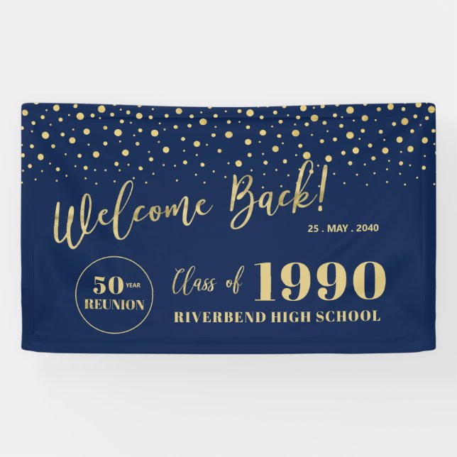 Wiedersehen-Party der Gold- und Navy-Confetti-Klas Banner (Horizontal)
