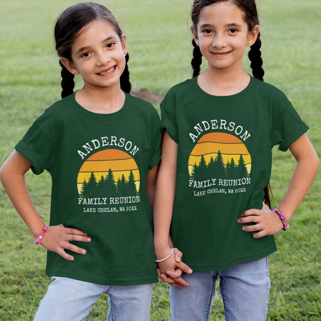 Wiedersehen Pine Trees Sunset Girls Green T-Shirt (Customize to change text size. Choose from a variety of shirt sizes and styles.)