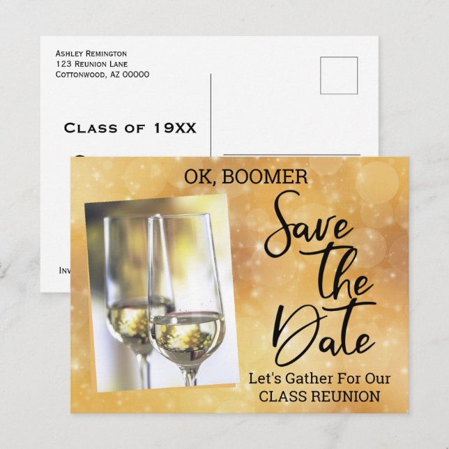 Wiedersehen Save the Date Baby Boomer Champagne Ankündigungspostkarte (Vorne/Hinten)