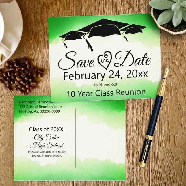 Wiedersehen Save the Date der Green Water Class Postkarte (Start your class reunion planning with this easy to customize save the date postcard announcement. )