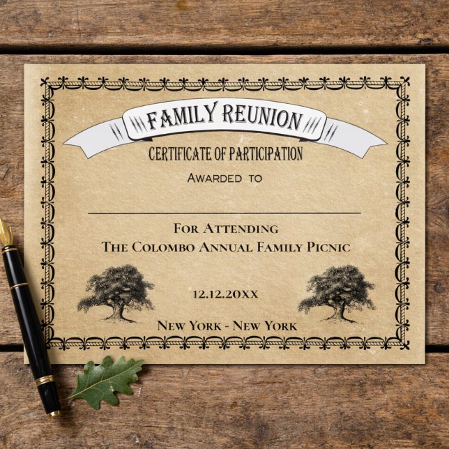 Wiedersehen-Teilnahmebescheinigung für die der Fam (Family Reunion Event Certificate. Prizes, participation, award. Family Tree Design,)