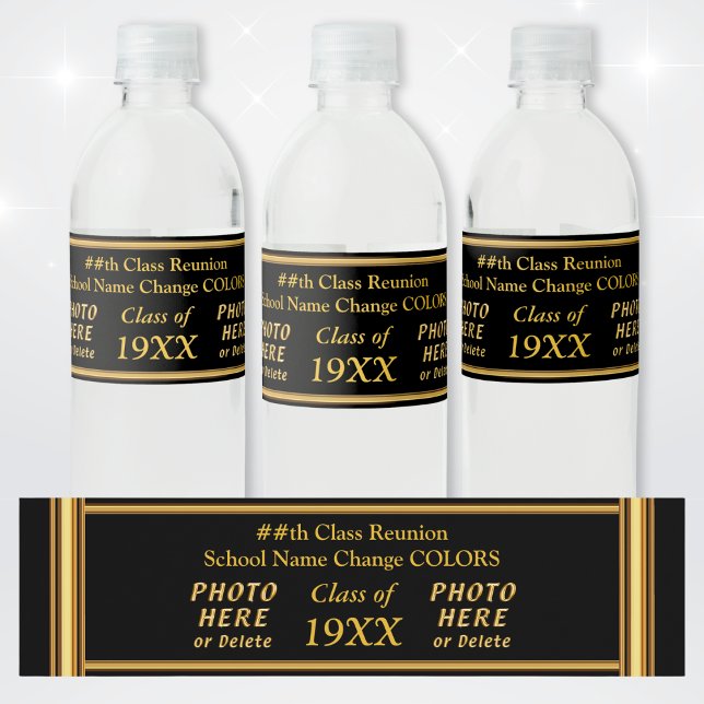Wiedersehen Water Bottle Labels der Black and Gold Wasserflaschenetikett (Custom, Class reunion water bottle labels. High school reunion. Black and Gold Water Bottle Labels. )