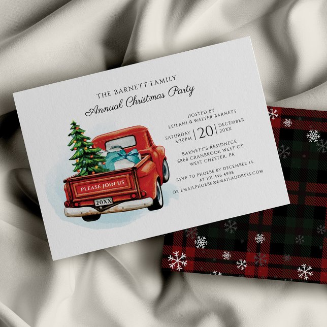 Wiedersehen Weihnachts-Party Einladung (Snow and Plaid Rustic Red Truck Christmas Party Invitation)