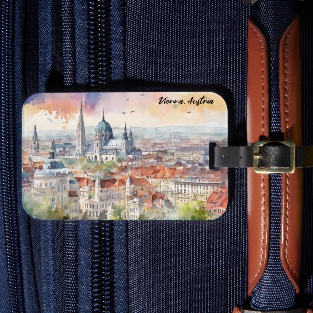 Wien Österreich Aquarellmalerei Panoramasicht Gepäckanhänger (Vorderseite Insitu 4)