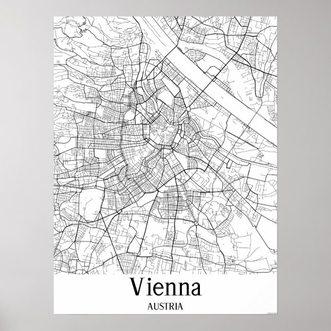 Wien Österreich Schwarz/Weiß-Europa Stadtplan Poster (Vorne)