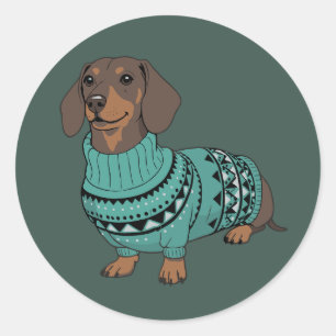 Wiener-Hund-Weihnachten-Hässlicher-Pullover-Dachsh Runder Aufkleber