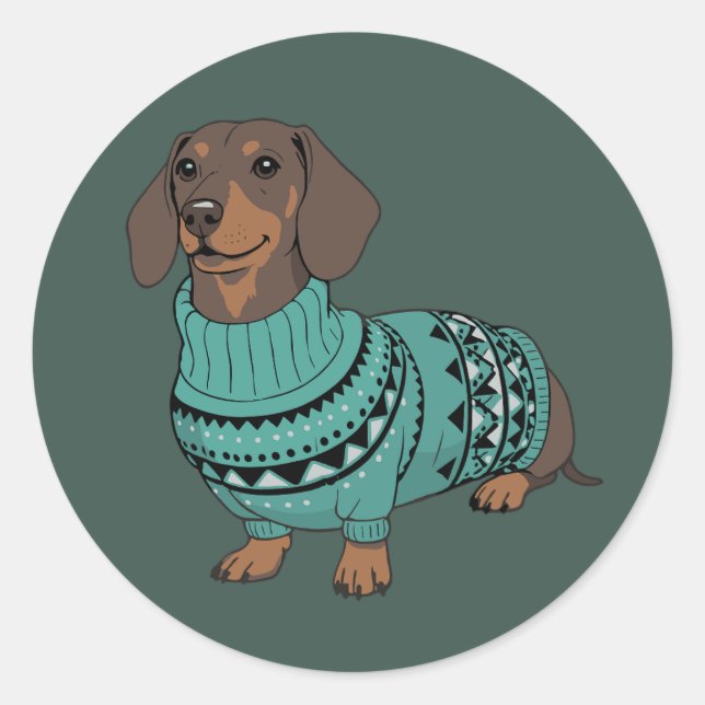 Wiener-Hund-Weihnachten-Hässlicher-Pullover-Dachsh Runder Aufkleber (Vorderseite)