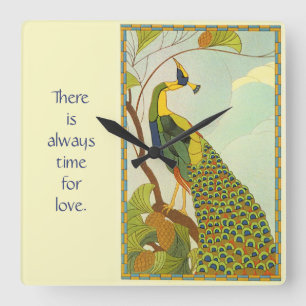 Wiener Jugendstil-Pfau Quadratische Wanduhr