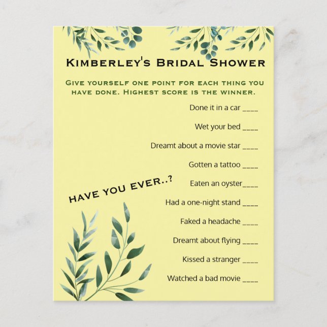 Wierdest Question Game Brautparty Activity (Vorderseite)