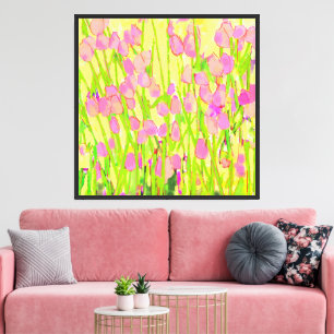 Wiese mit rosa Tulpenstielen und Blättern Leinwanddruck