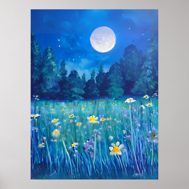 Wiese und Wald unter Vollmond Poster (Vorne)