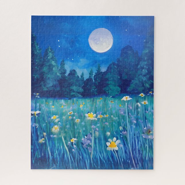 Wiese und Wald unter Vollmond Puzzle (Vertikal)