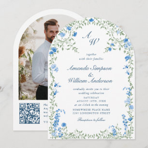 Wiesen Pastell Französische Blumen Hochzeit QR-Cod Einladung