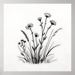 Wiesenblumen-Margeriten Linienkunst Poster
