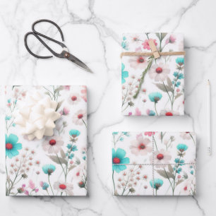 Wiesenblumenwiese weiß, grün, blau, braun, türkis  geschenkpapier set
