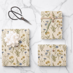 Wiesenbotanischer Druck Blaue Gelbe Blumen Geschenkpapier Set