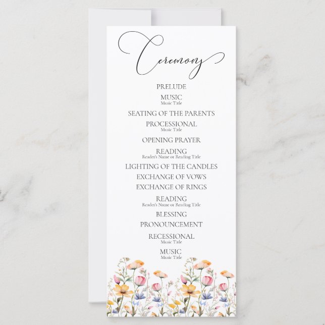 Wiesenhochzeit mit Wildblumen Zeremonieprogramm (Vorderseite)